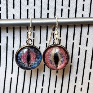 Blue and Pink Mythical Creature Cat Eye Silver Earrings